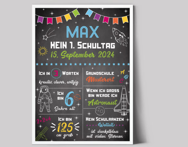 Einschulung, Einschulungsplakat, Schulkind, Meilenstein, Plakat 50 x 70 cm, Astronaut, Weltall, Planeten, Blau