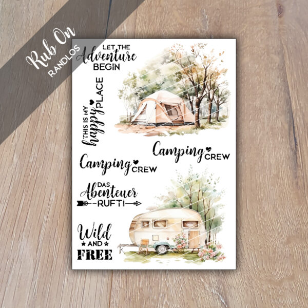 Rub-On Randlos Camping 01, DIN A6, Rubon, Rub Ons, Rubbelsticker, für Glas, Holz, Raysin u.v.m.