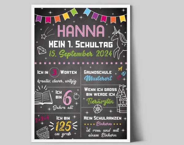 Einschulung, Einschulungsplakat, Schulkind, Meilenstein, Plakat 50 x 70 cm, Einhorn, Märchen