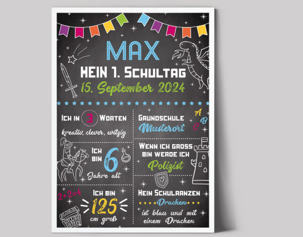 Einschulung, Einschulungsplakat, Schulkind, Meilenstein, Plakat 50 x 70 cm, Ritter, Drache