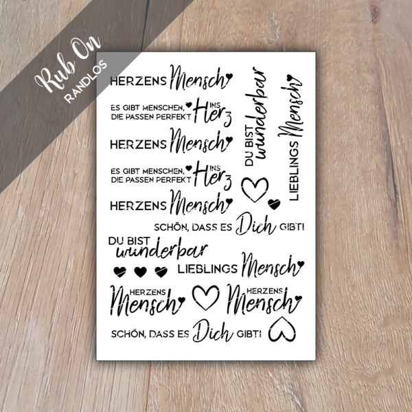 Rub-On Randlos Herzensmensch 01, DIN A6, Rubon, Rub Ons, Rubbelsticker, für Glas, Holz, Raysin u.v.m.