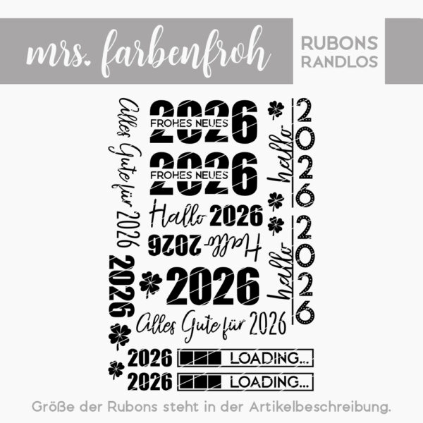Rub-On Randlos Neujahr 2026 02, DIN A6, Rubon, Rub Ons, Rubbelsticker, für Glas, Holz, Raysin u.v.m.